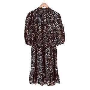 Nanette Lepore Dress Size 10 Smocked Waist Black Neutral Print Cottagecore Chic